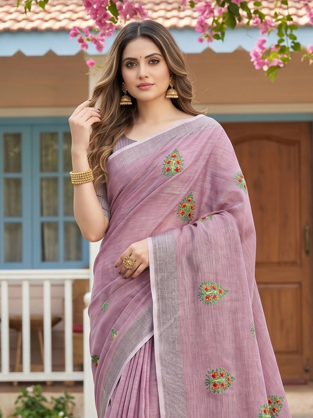 Light Purple Linen Saree with Matching Blouse Piece