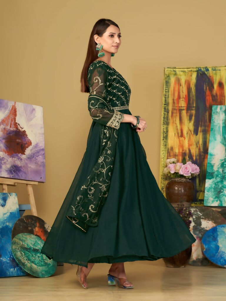Women's Bottle Green Georgette Embroidered Anarkali Kurta Pant Set