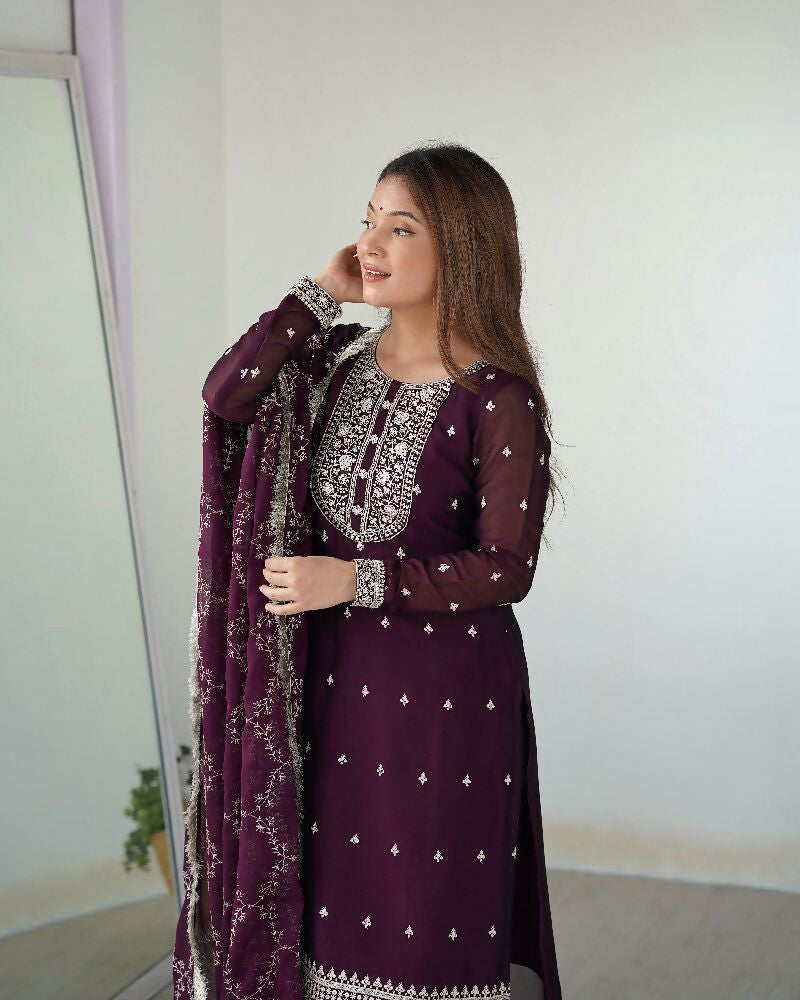 Wine Silk Kurta Set with Intricate Sequence Embroidery Work