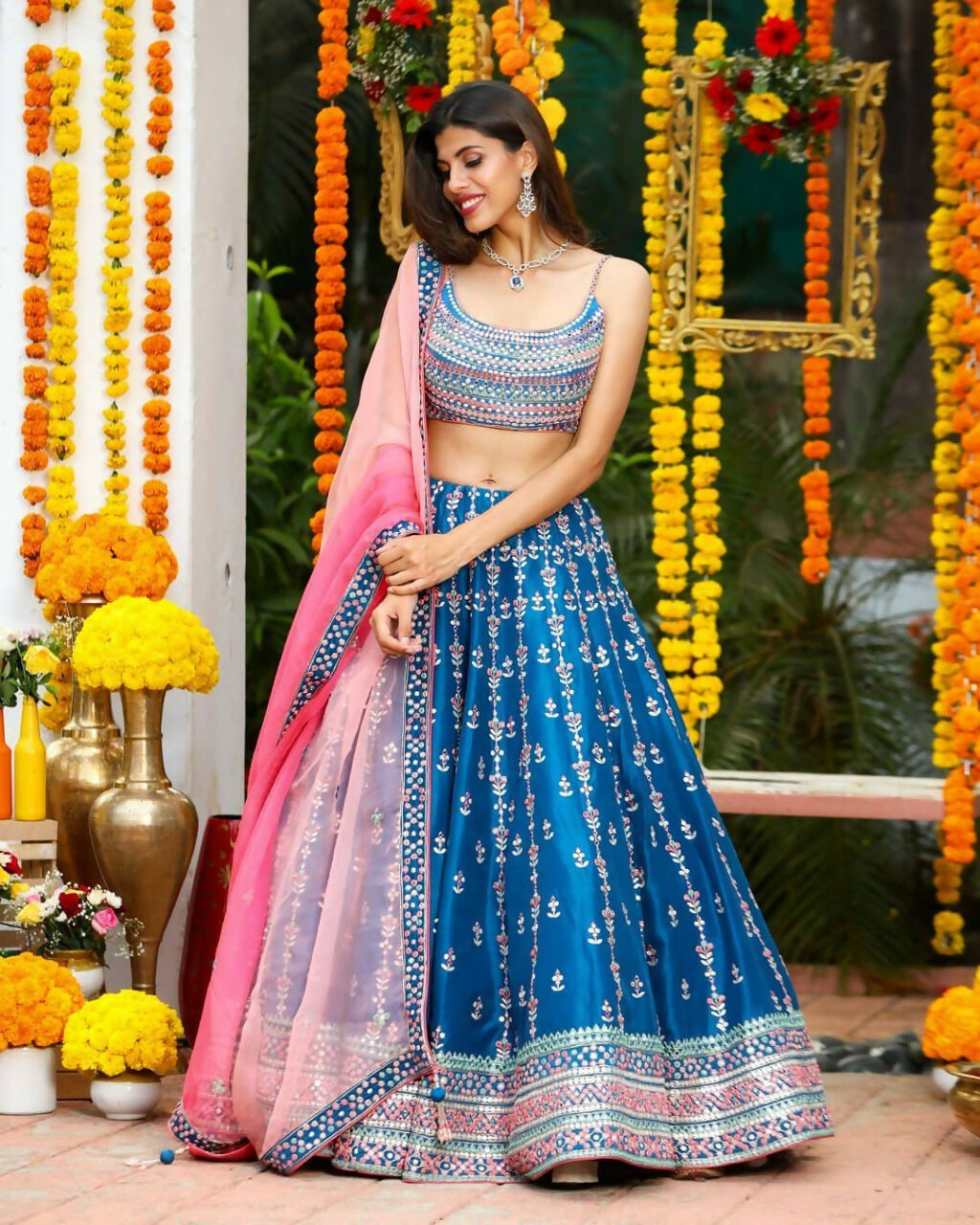 Blue Chinon Lehenga Choli with Sequins Zari Thread Embroidery