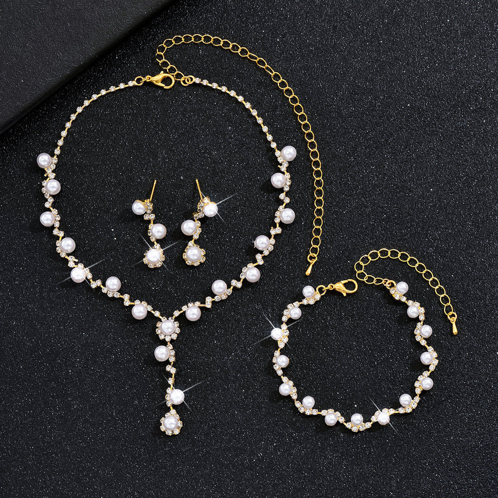 Women 3 Pcs Rhinestone Pearl Jewelry Set,Choker Necklace Dangle Earrings Bracelet,Elegant Costume Accessories For Dinner Party Evening Dress Occasion