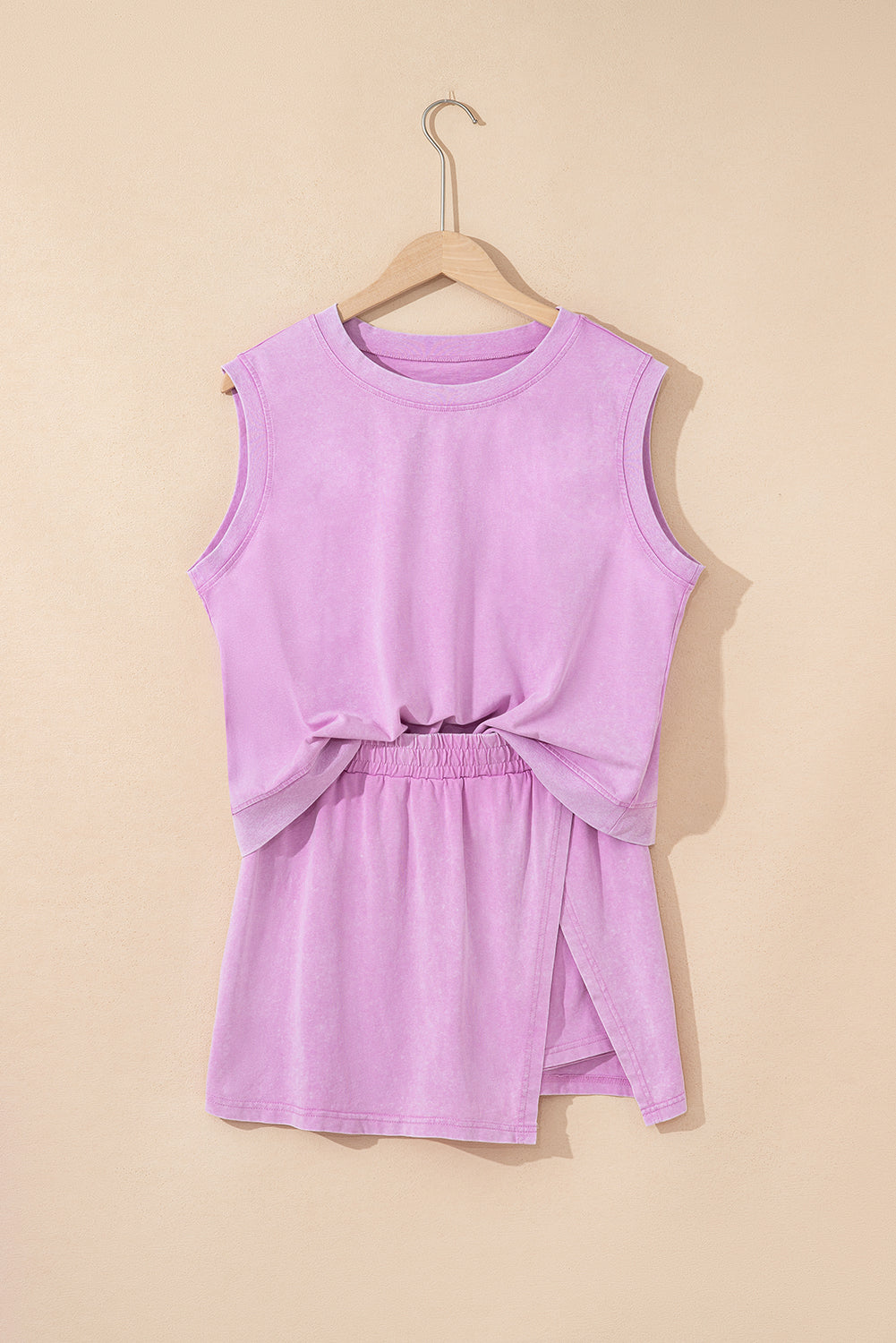 Solid Mineral Wash Cotton Tank Top and Lined Skort Set