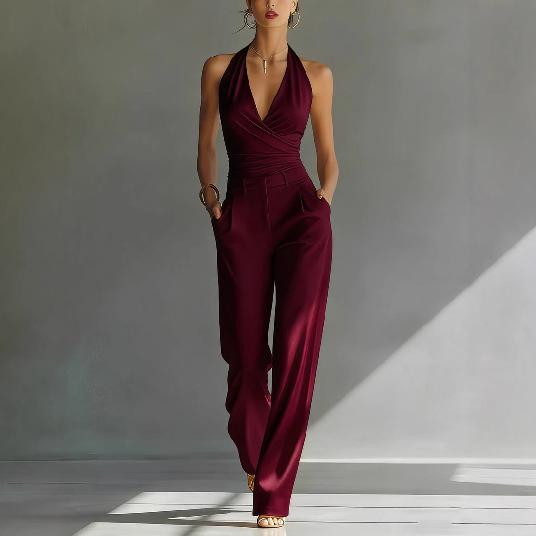 Women’s Backless Deep V-Neck Jumpsuit with High-Waisted Trousers - Image 8