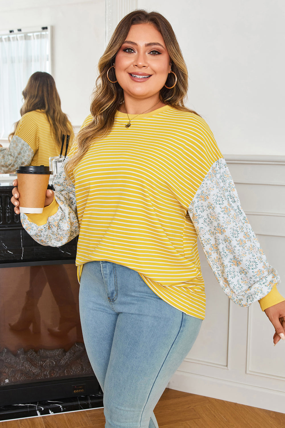Yellow Stripe Floral Patchwork Long Sleeve Crewneck Top