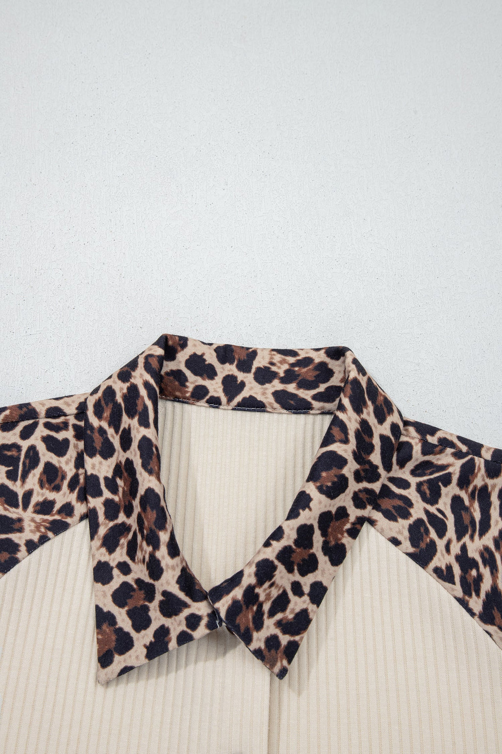White Ribbed Texture Button Down Shirt with Leopard Patchwork