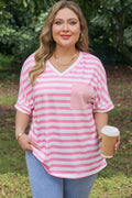 Pink and white striped v-neck tee with a colorblock pocket.