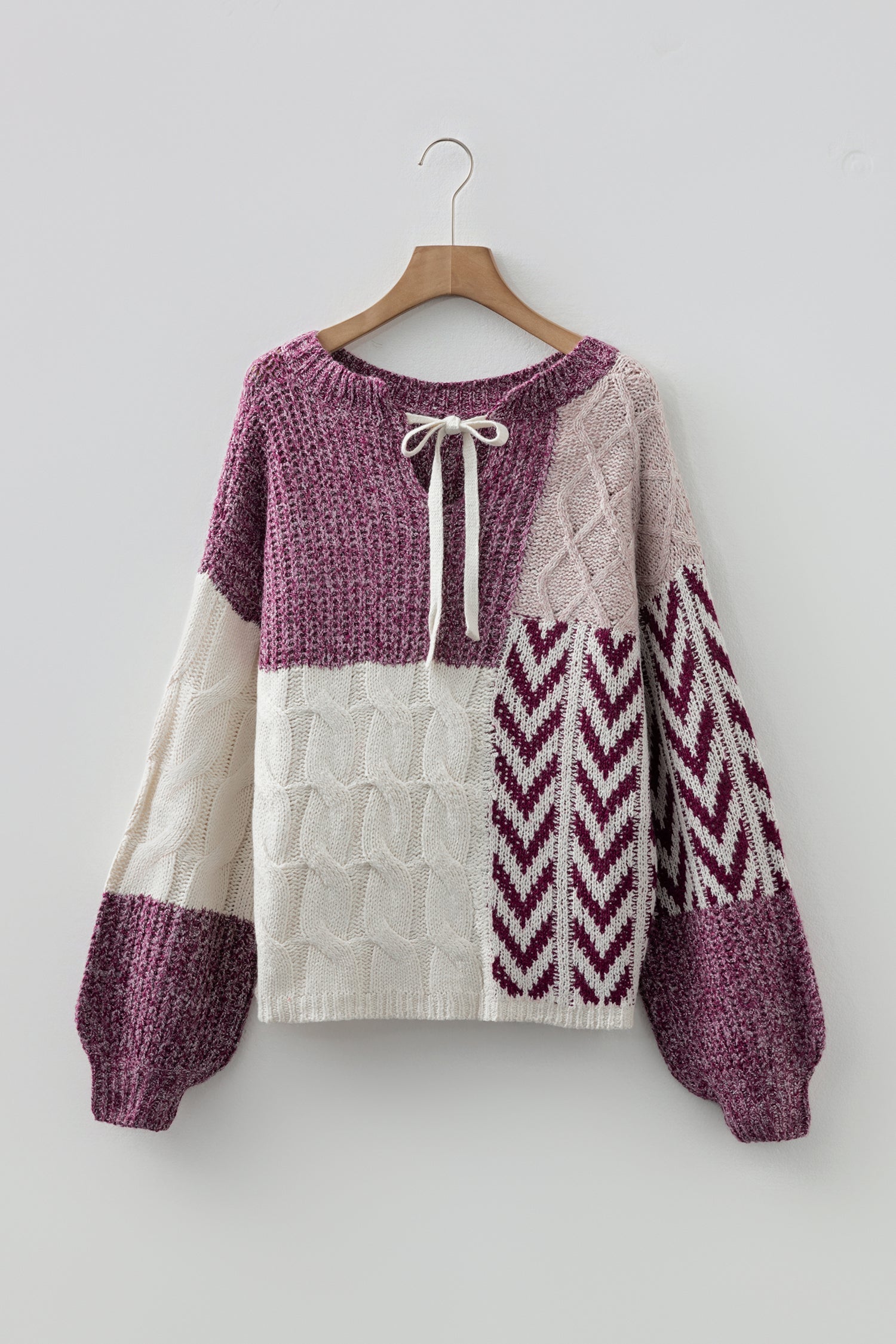 Purple Color Block Patchwork Knotted Back Loose Fit Sweater