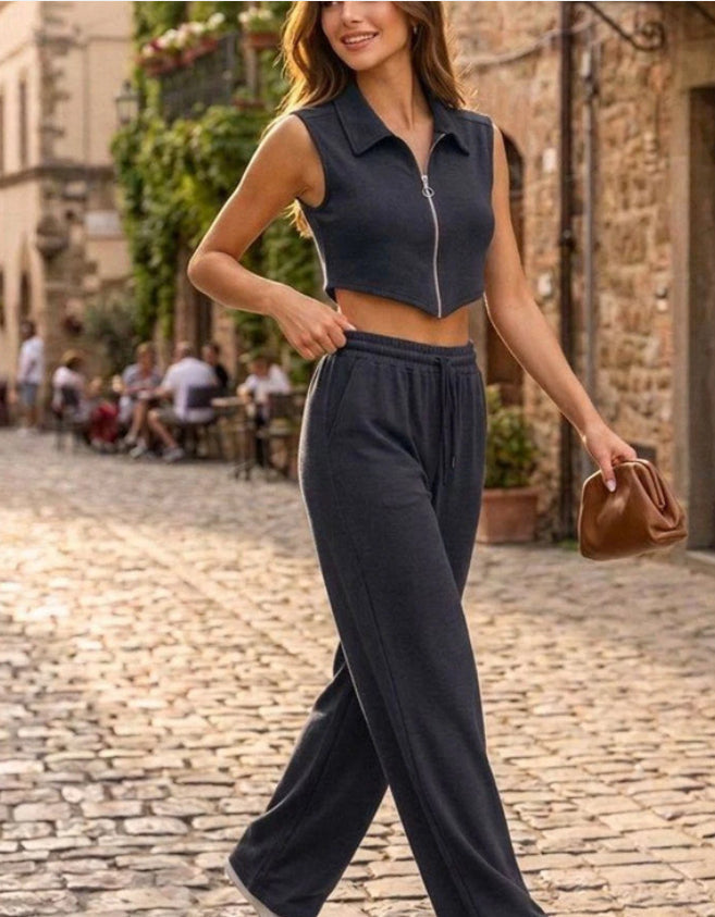 Women's Zip-Up Sleeveless Vest and Wide-Leg Pants Two-Piece Set