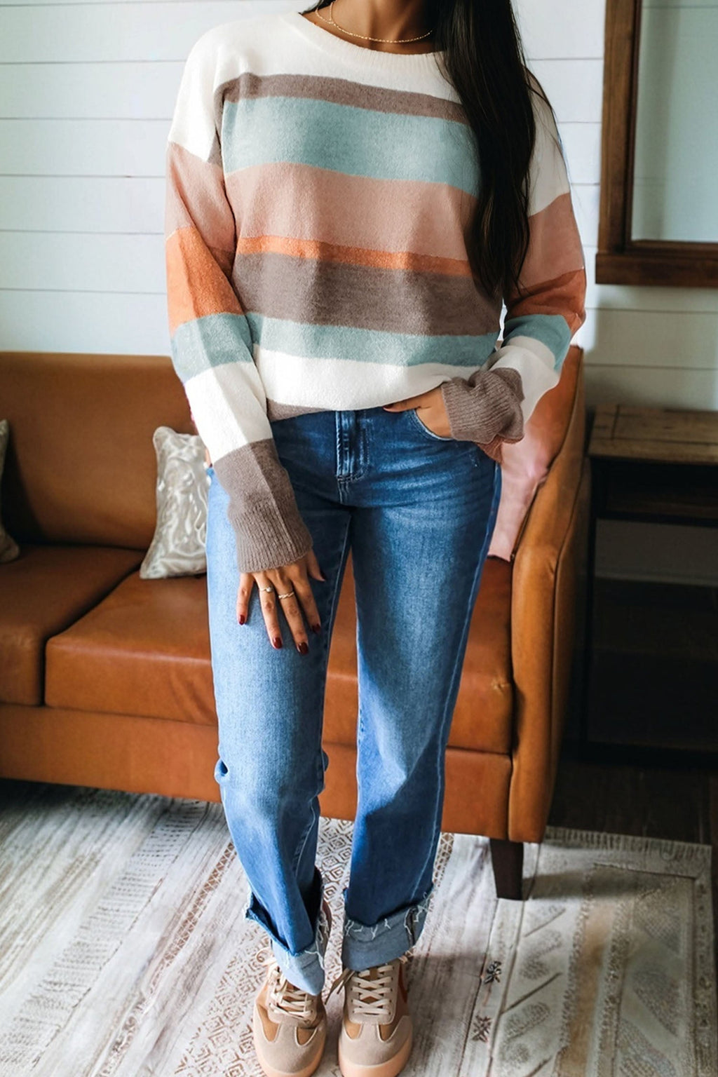 Stripe Colorblock Drop Shoulder Sweater