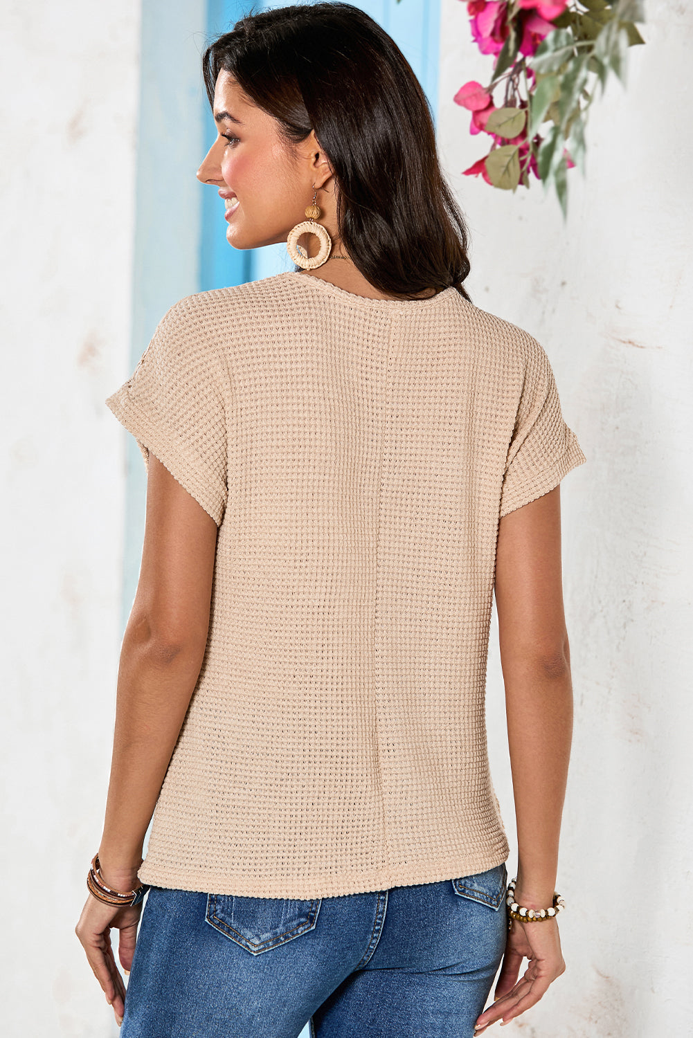 Oatmeal Hollow Patchwork Waffle Knit Top