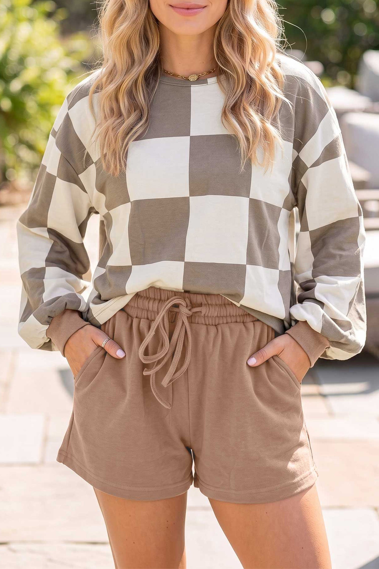 Red Checkerboard Plaid Long Sleeve Solid Color Shorts 2pcs Set
