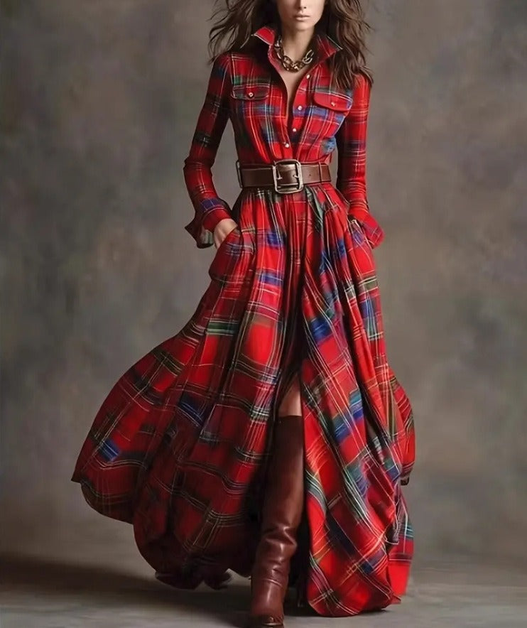 Women's Plaid Print Long Sleeve Button-Front Maxi Shirt Dress - Image 3