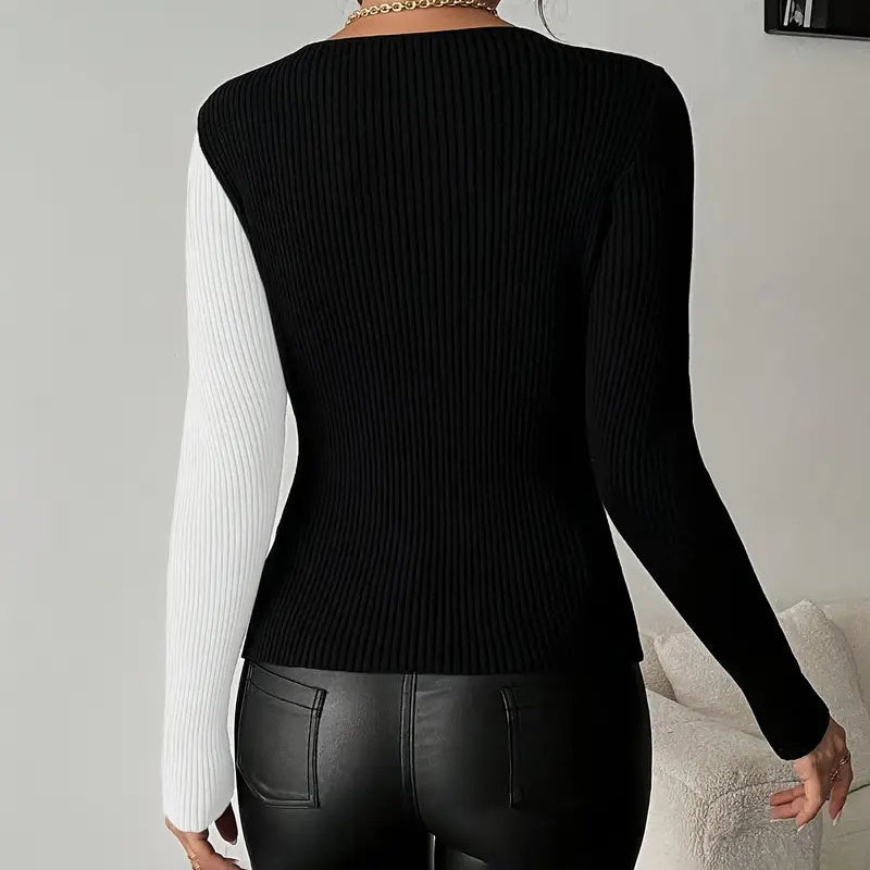 Women's V-Neck Cross Front Color Block Knit Sweater