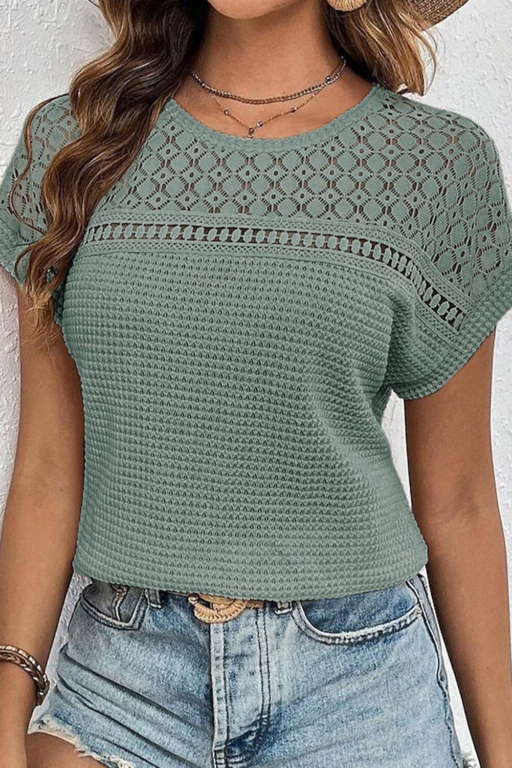 Oatmeal Hollow Patchwork Waffle Knit Top