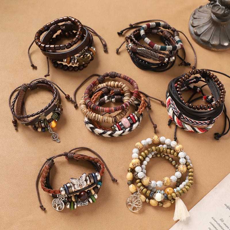 Handmade Bohemian Exotic Style Bracelet Retro Ethnic Style Men's And Women's Woven Multi-layer Stacked Bracelet Niche Hand Rope