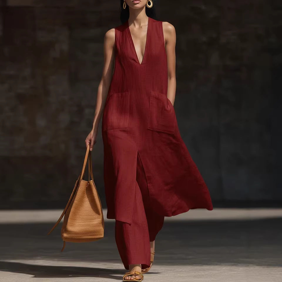 Women's V-Neck Sleeveless Linen Tunic and Wide Leg Pant Set - Image 5