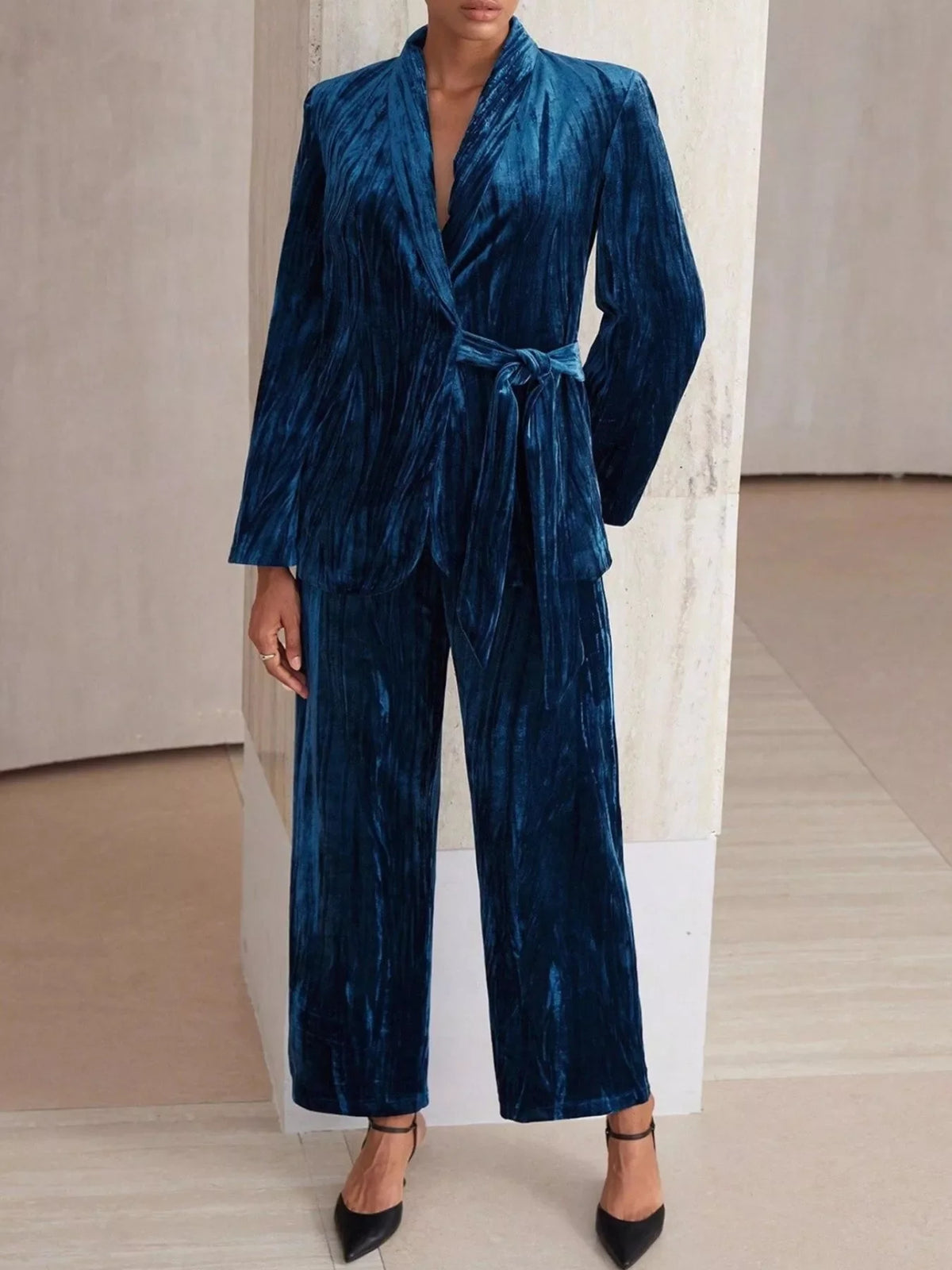 Velvet Tie Waist Blazer and Pants Set