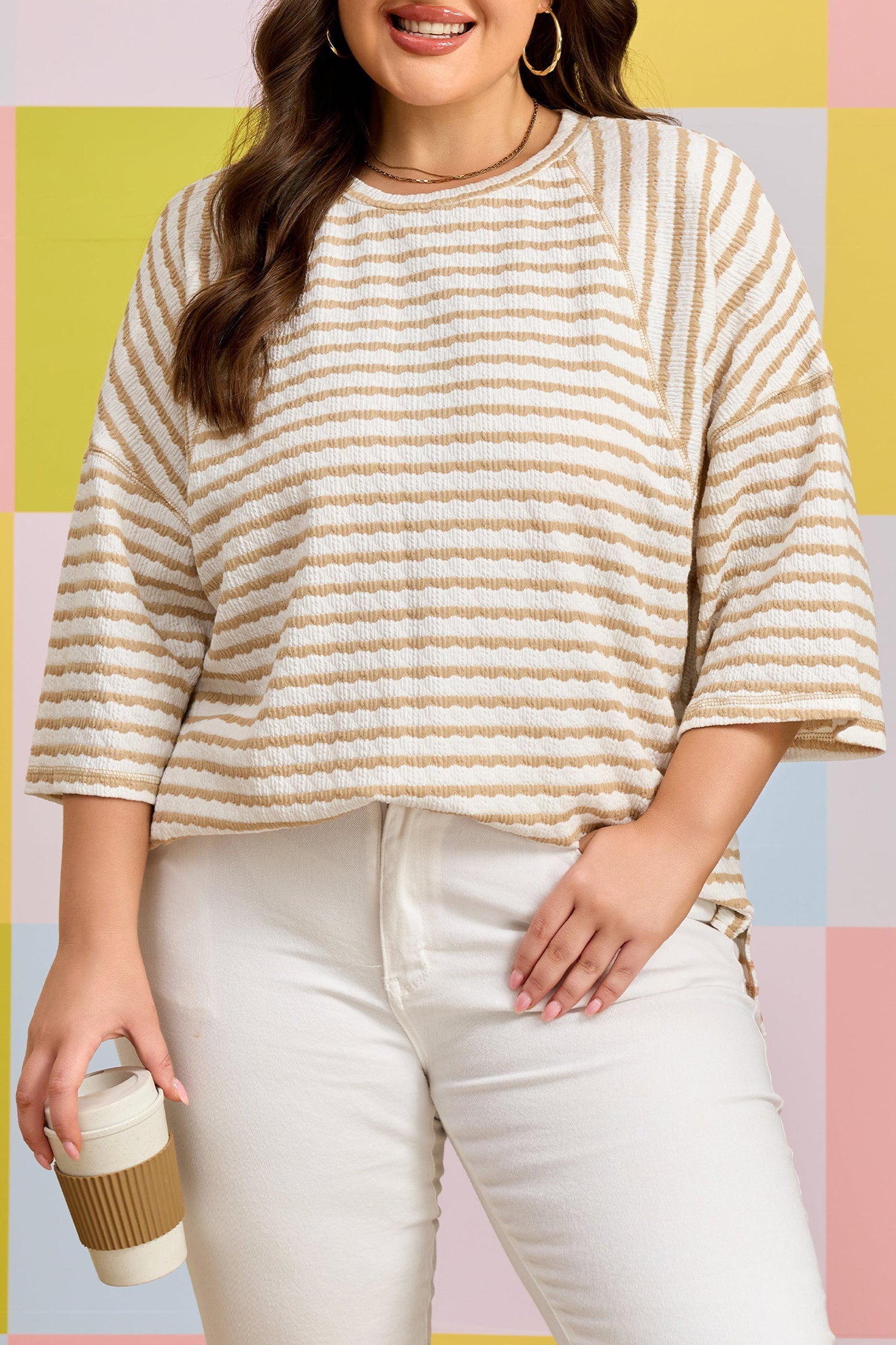 Liv Detail Half Sleeve Striped Knit Top - White & Tan