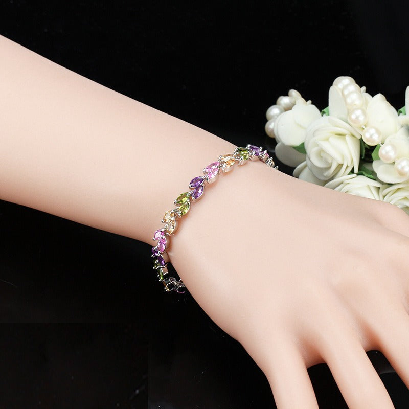 Dainty Leaf Zircon Bracelet in S925 Silver, Nature-Inspired Jewelry