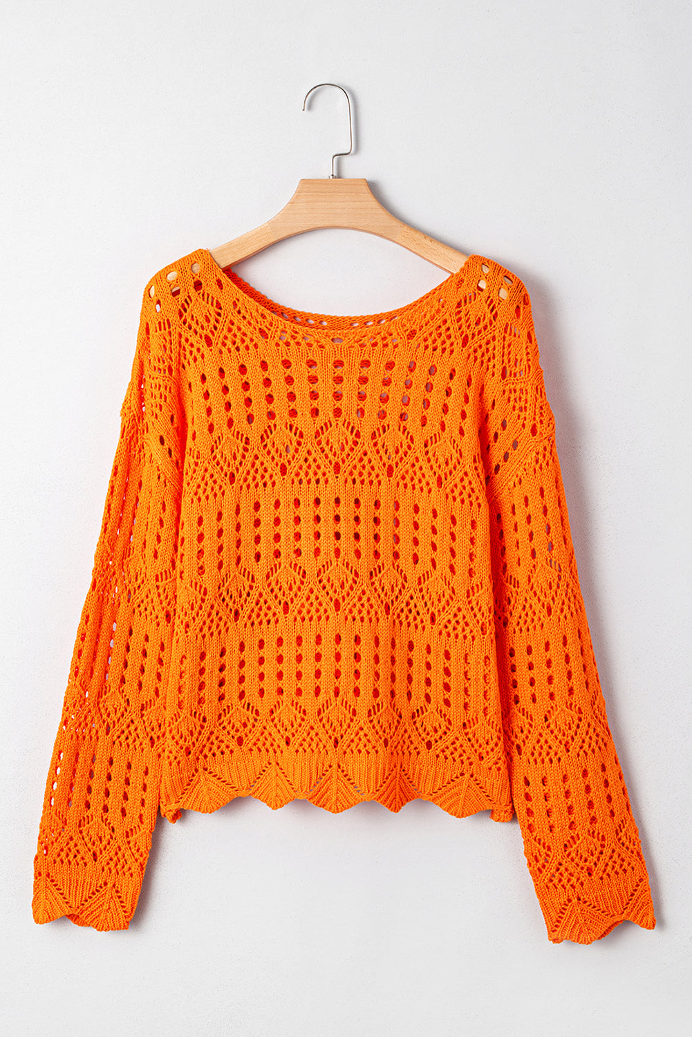 Solid Open Crochet Scallop Edge Sweater