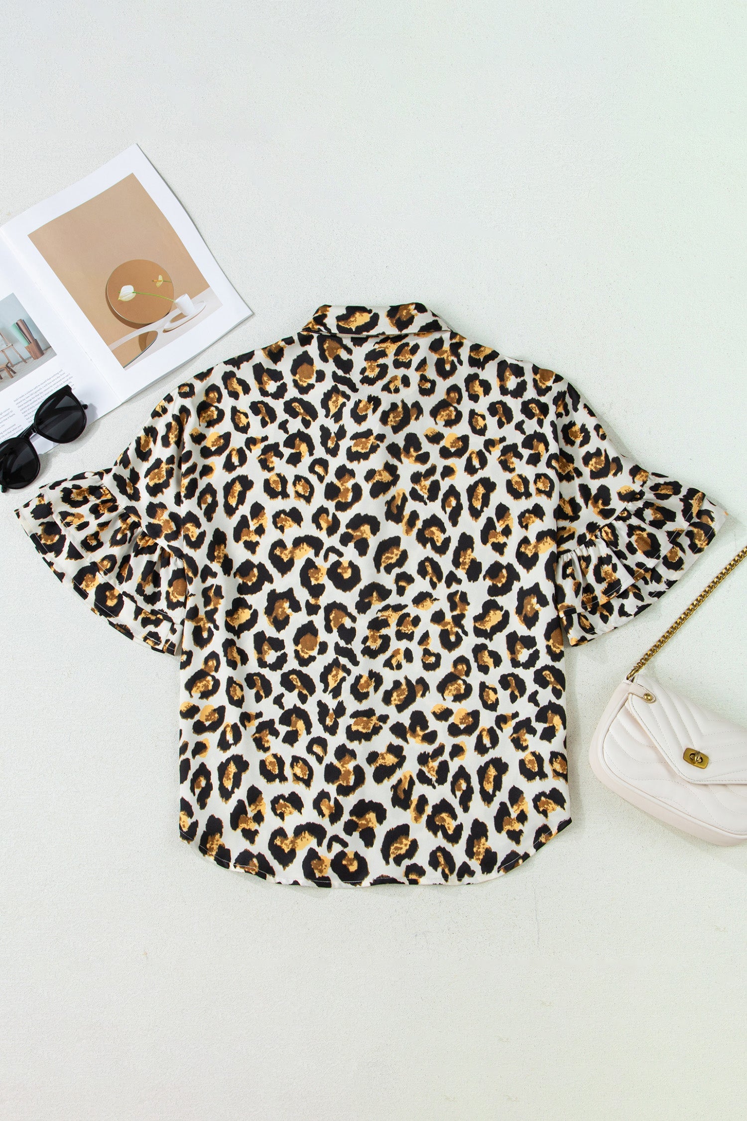 Leopard Ruffle Trim 3/4 Sleeve Loose Shirt