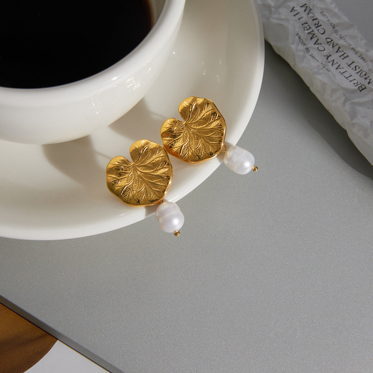 Freshwater Pearl Lotus Drop Earrings in Gold Stainless Steel