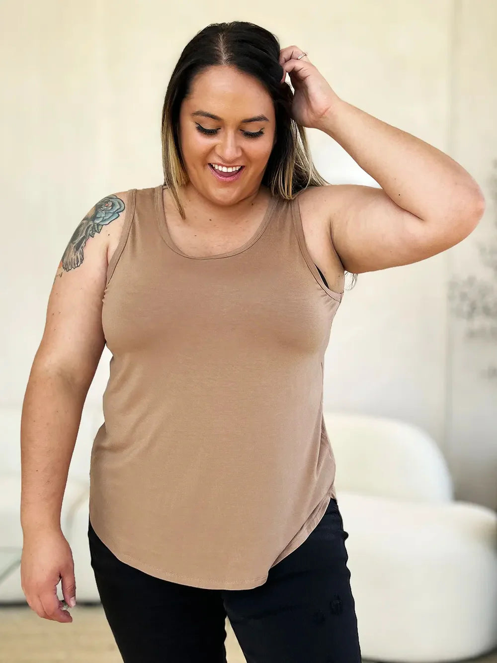 Round Neck Curved Hem Tank Top | Rayon Spandex Knit