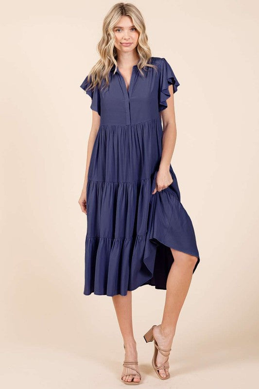 Navy Blue Ruffle Sleeve Tiered Midi Dress with Collared V-Neck