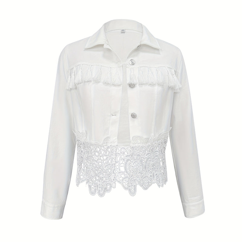 Women's White Lace Hollow Out Jacket with Fringe Detail