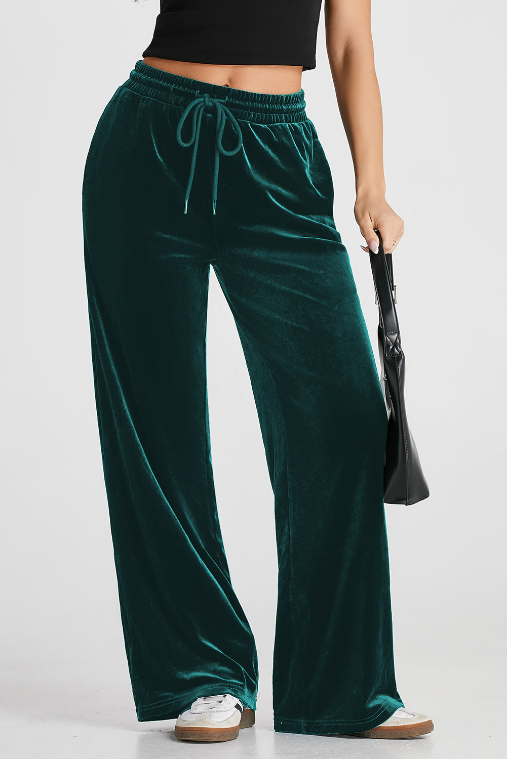Solid Drawstring Waist Wide Leg Pants