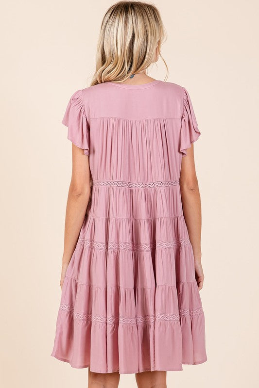 Lace Detail Ruffled Button Down Tiered Maxi Dress