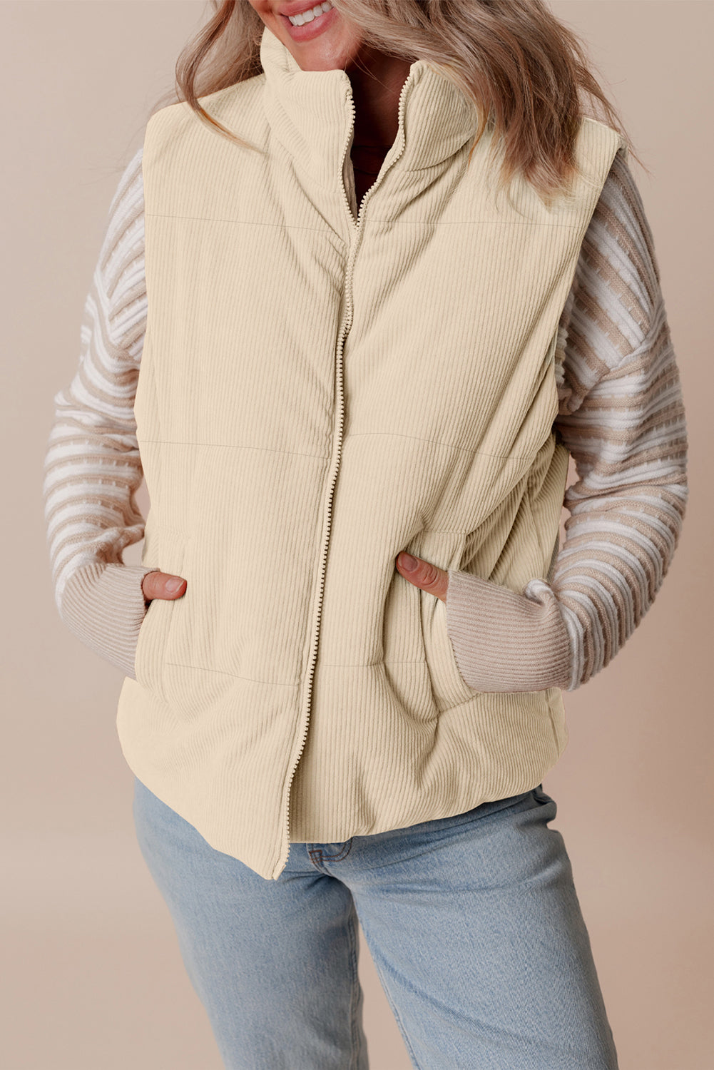 Women's Corduroy Stand Neck Zipped Puffer Vest Cropped Outerwear