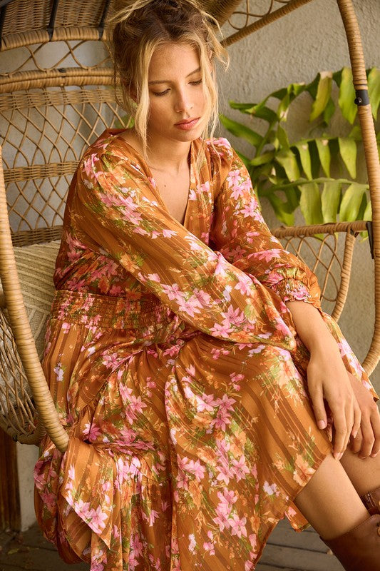 Floral Satin Lurex Stripe Smocked Midi Summer Dress