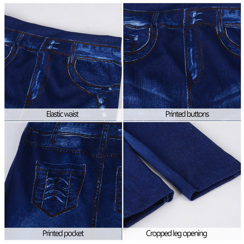 Seamless Denim Print Leggings High Rise Hollow Cut Casual Pants