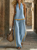 Women's Gray and Yellow Color Block Sleeveless Pant Set - Image 6