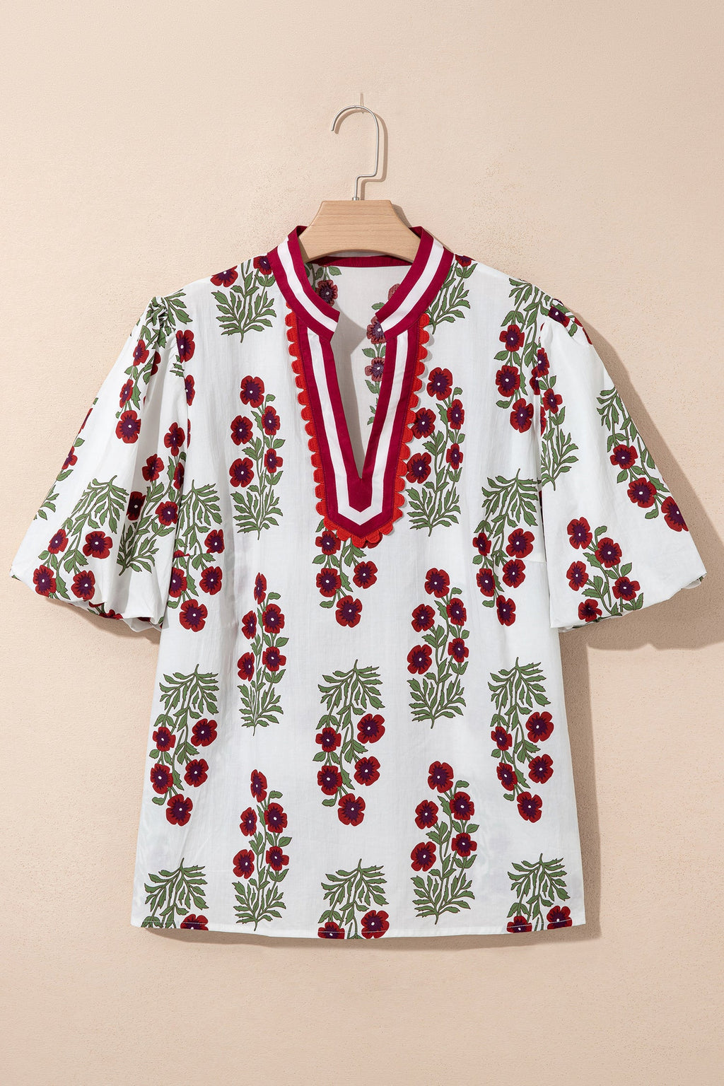 Floral Print Cotton Blouse with Ricrac Trim and Puff Sleeves - Image 2