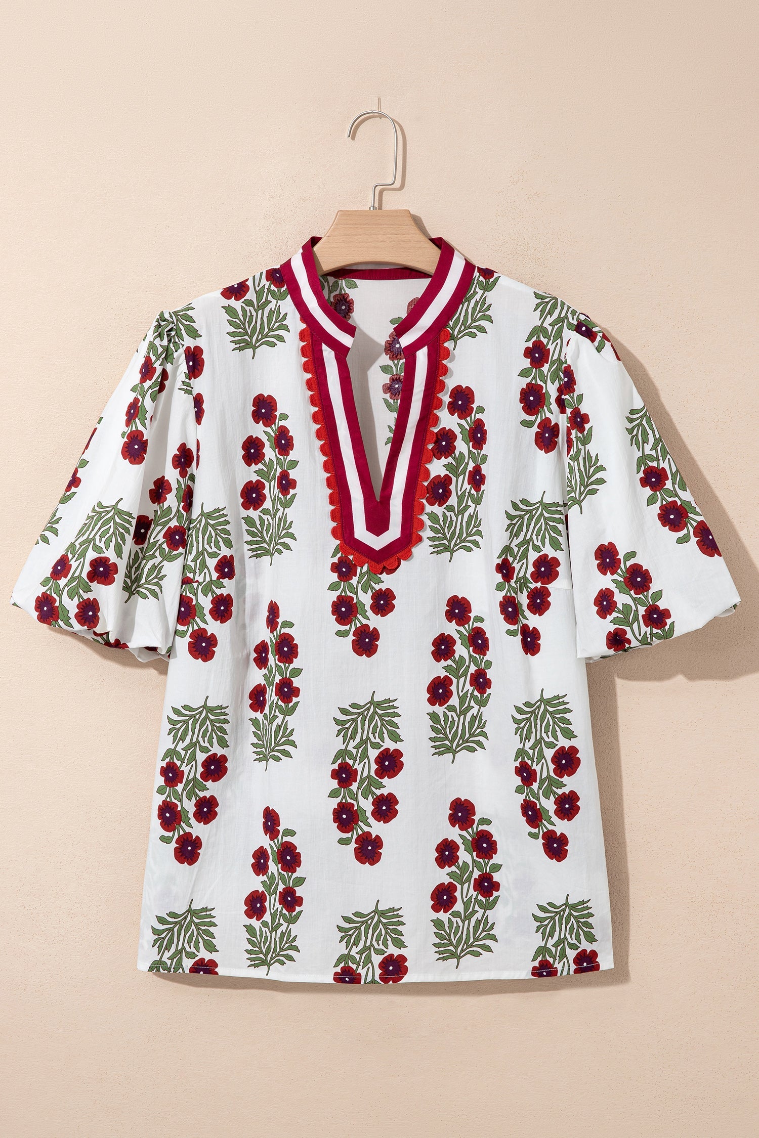 Floral Print Cotton Blouse with Ricrac Trim and Puff Sleeves - Image 2