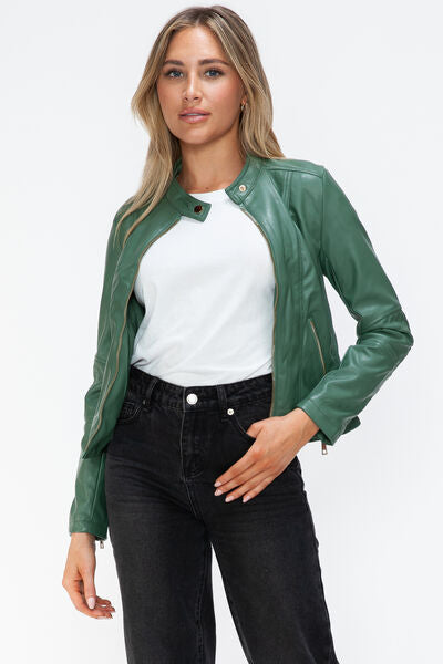 Women's Faux Leather Zip-Up Hooded Jacket Casual Urban Streetwear