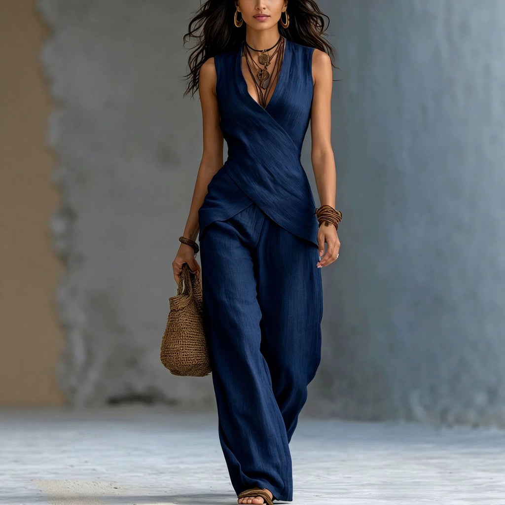 Women's Linen V-Neck Crossover Tank & Casual Trousers Set