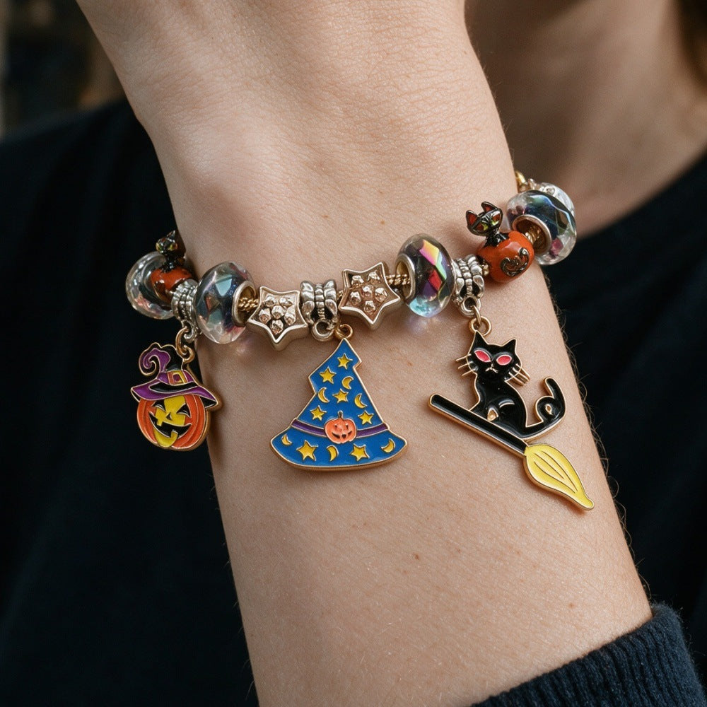 Halloween Bracelet With Witch, Black Cat, Pumpkin, And Stars