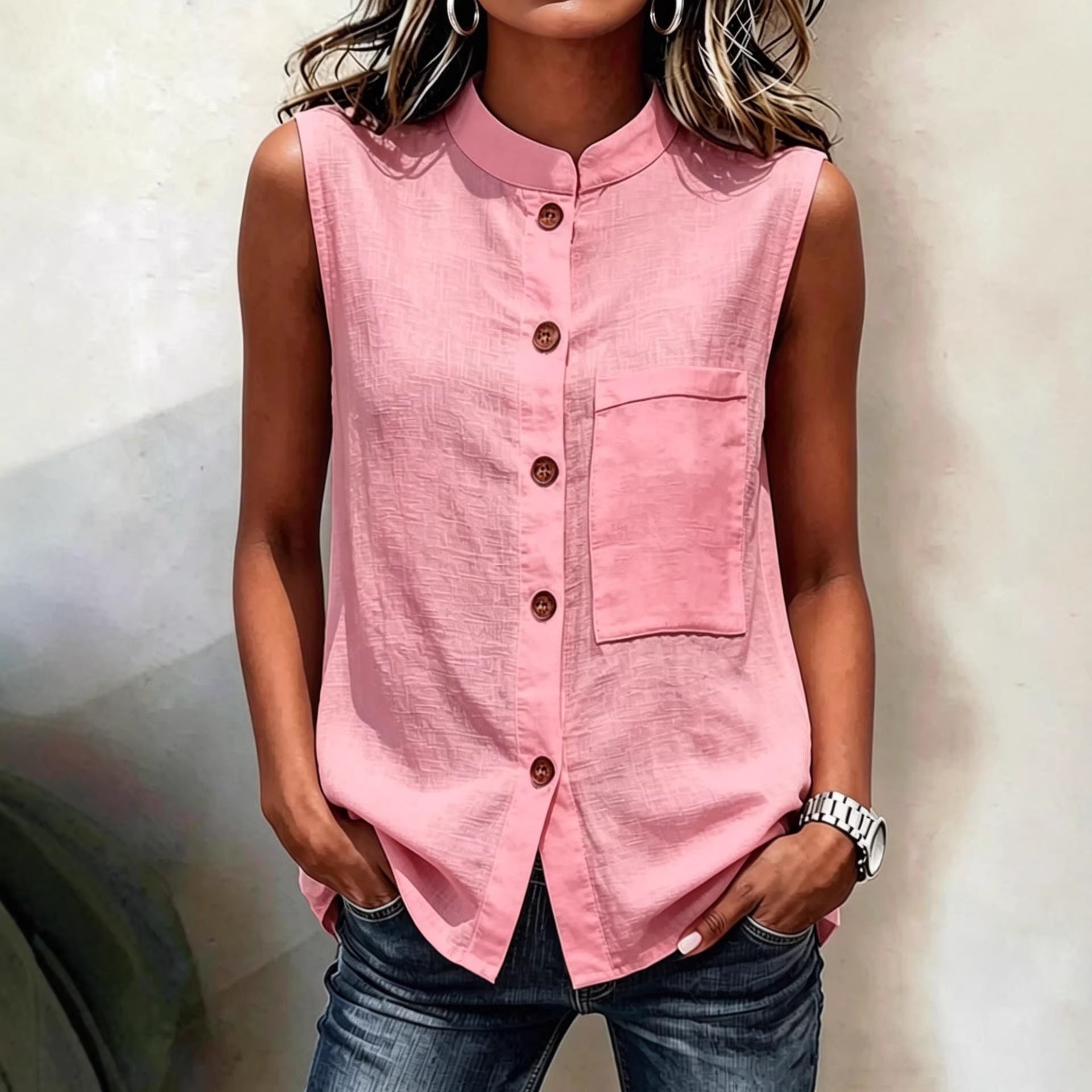 Women's Sleeveless Button-Down Blouse with Chest Pocket - Image 3