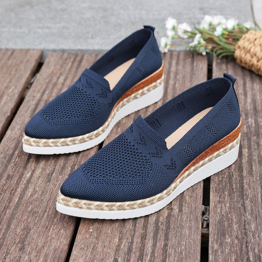 Women's Navy Knit Platform Slip-On Loafers with Espadrille Sole - Image 4