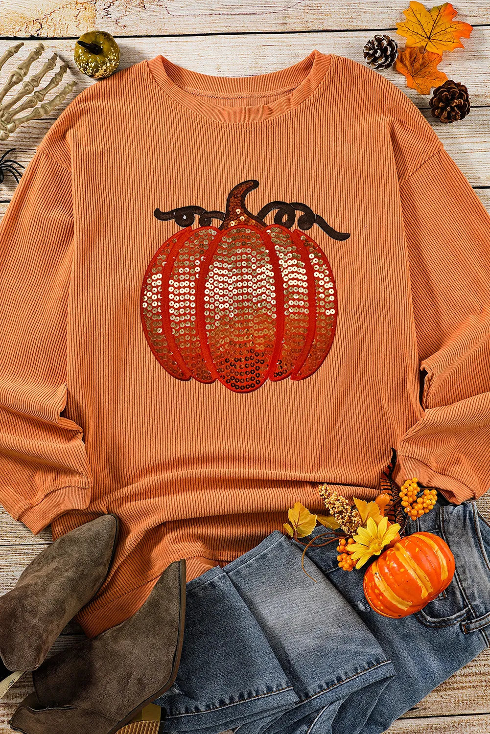Women's Sequin Pumpkin Round Neck Long Sleeve Ribbed Sweatshirt