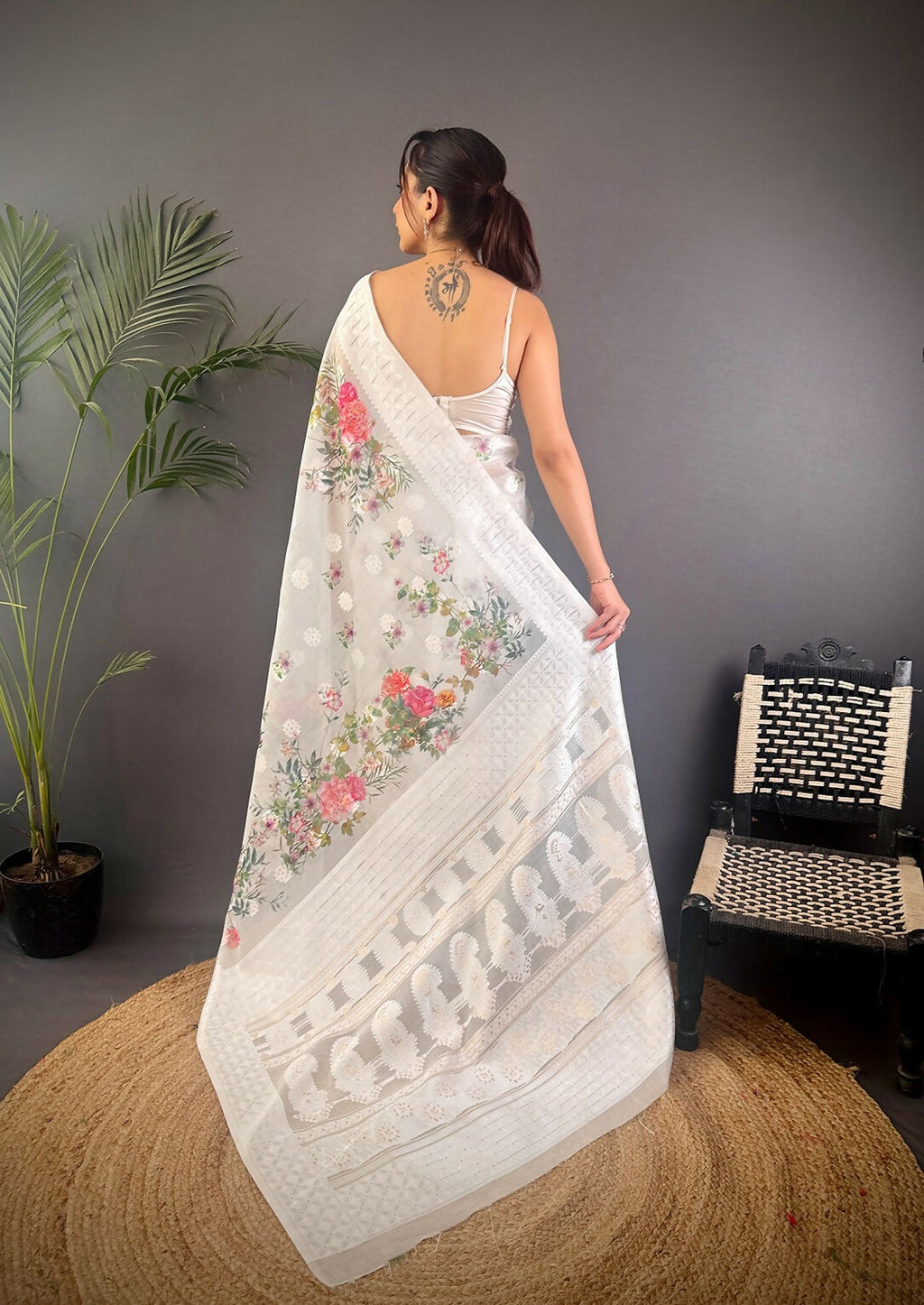 Joban Fashion White Floral Motifs Banarasi Silk Sarees