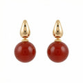 925 Sterling Silver Elegant Red Carnelian Sphere and Polished Metallic Teardrop Drop Earrings