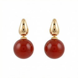 925 Sterling Silver Elegant Red Carnelian Sphere and Polished Metallic Teardrop Drop Earrings