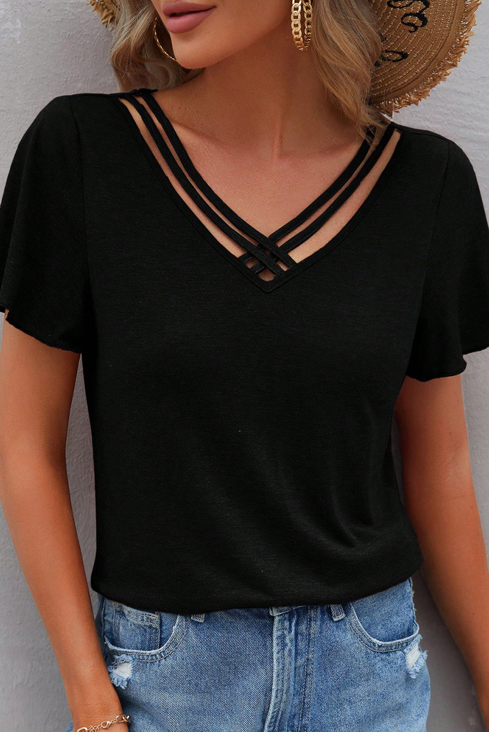 Black Crisscross V-Neck Butterfly Sleeve T-Shirt