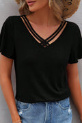 Black Crisscross V-Neck Butterfly Sleeve T-Shirt