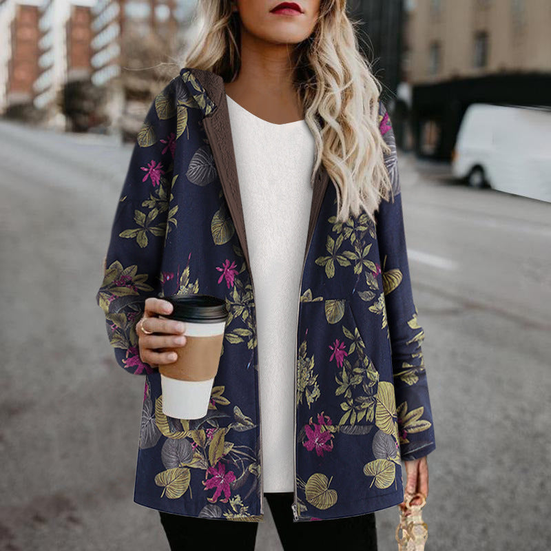 Plus Size Floral Print Hoodie Zipper Coat with Fleece
