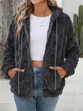Dark gray fuzzy zip-up jacket with a checkered pattern and drawstring hem.